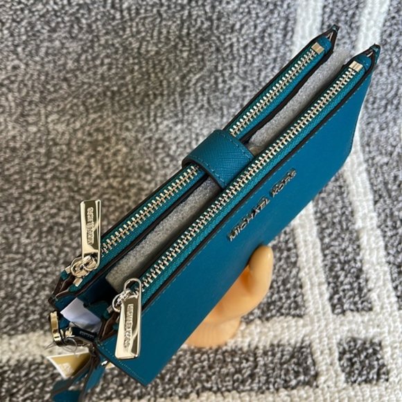 Michael Kors Large Double Zip Leather Wallet Wristlet Phone Case Lagoon - Picture 6 of 16